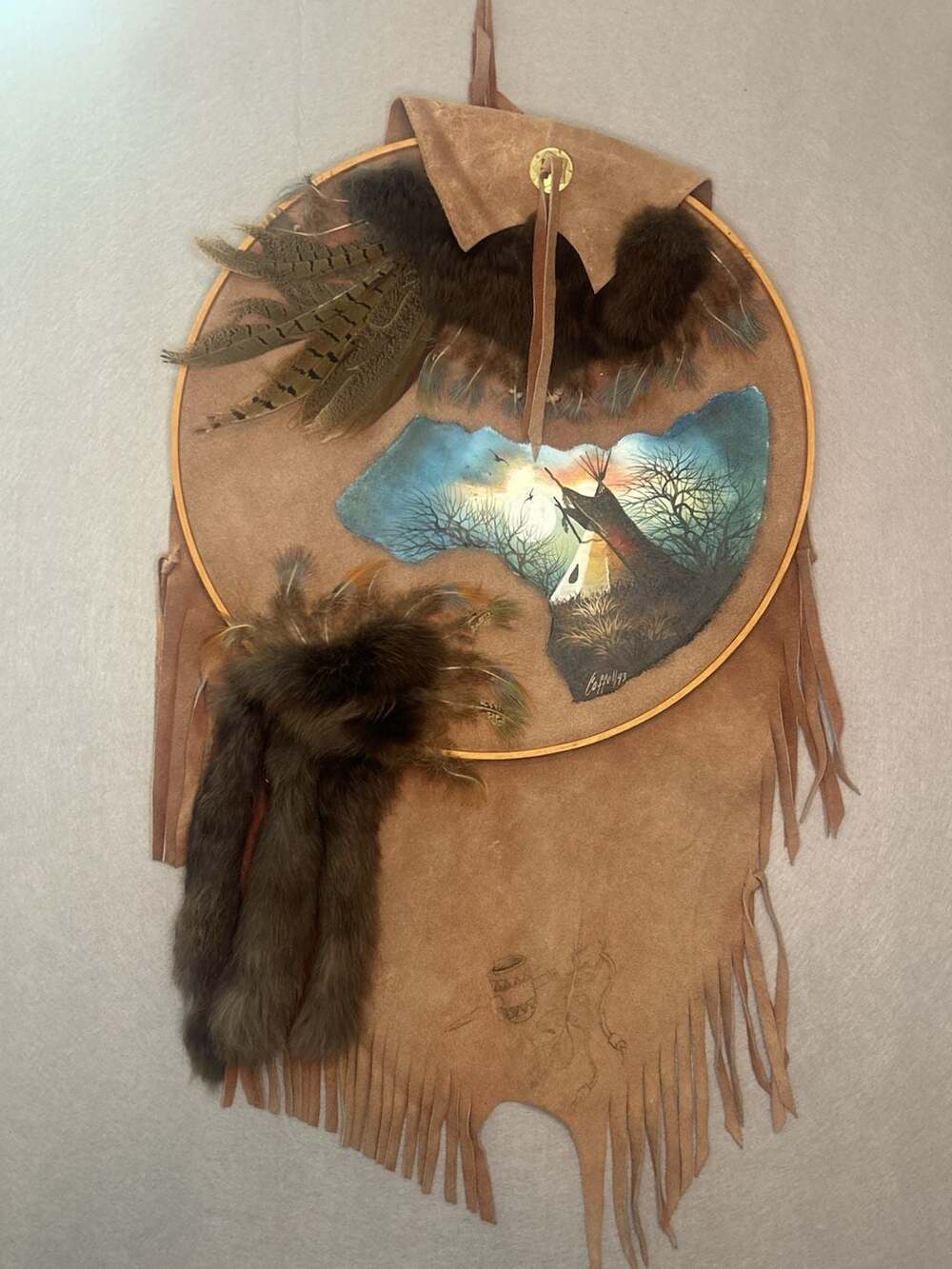 Vintage Native American Hand Painted Suede Leather Dream Catcher